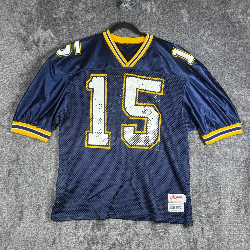 Vintage Ripon Athletic Football Jersey Navy Blue Yellow Mesh Number 15 XL Long